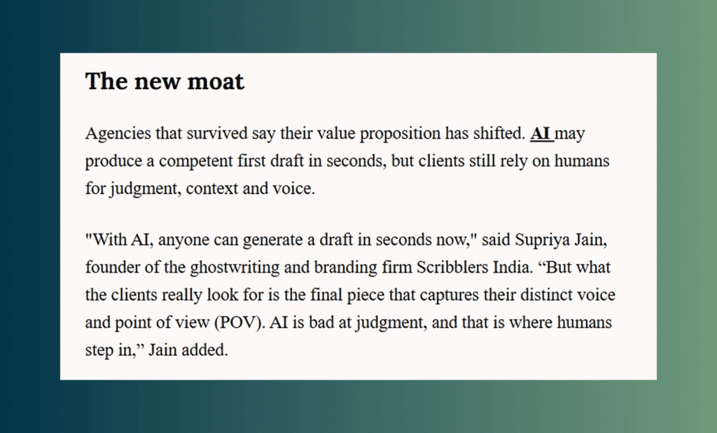 LiveMint excerpt quoting Supriya Jain on AI ghostwriting and human judgment