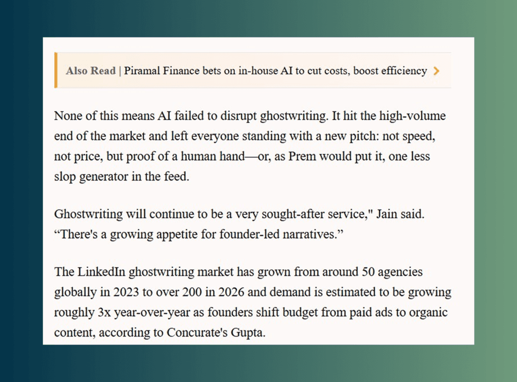 LiveMint excerpt on growing demand for founder-led narratives in ghostwriting