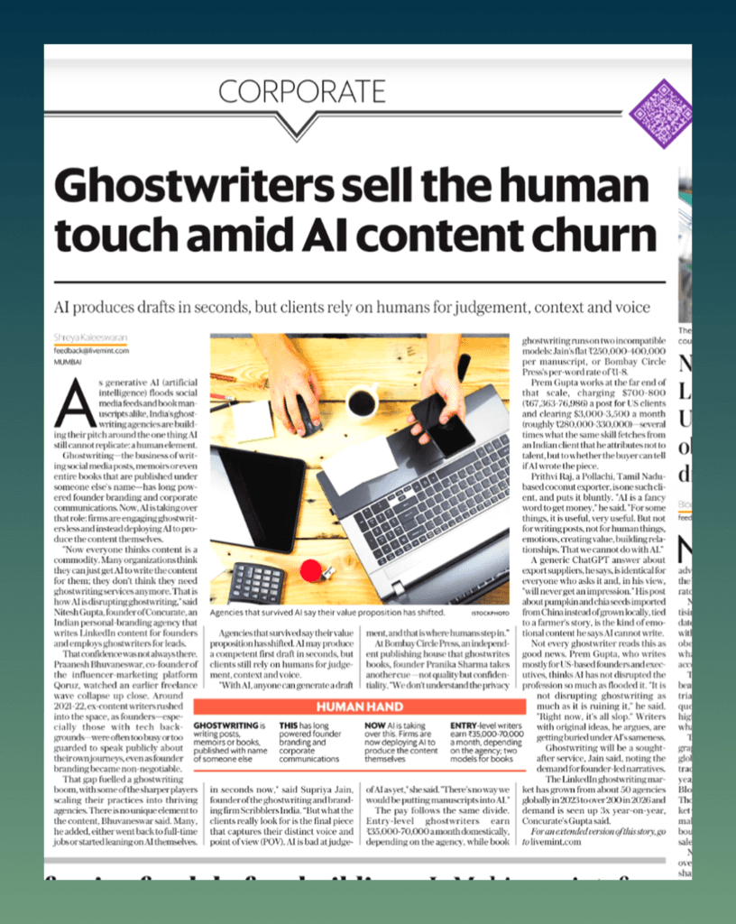 LiveMint article on AI content churn and ghostwriters selling the human touch 