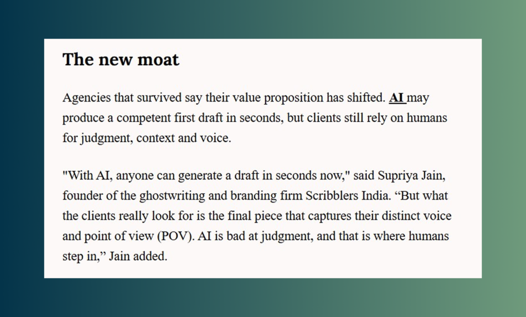 LiveMint excerpt quoting Supriya Jain on AI ghostwriting and human judgment