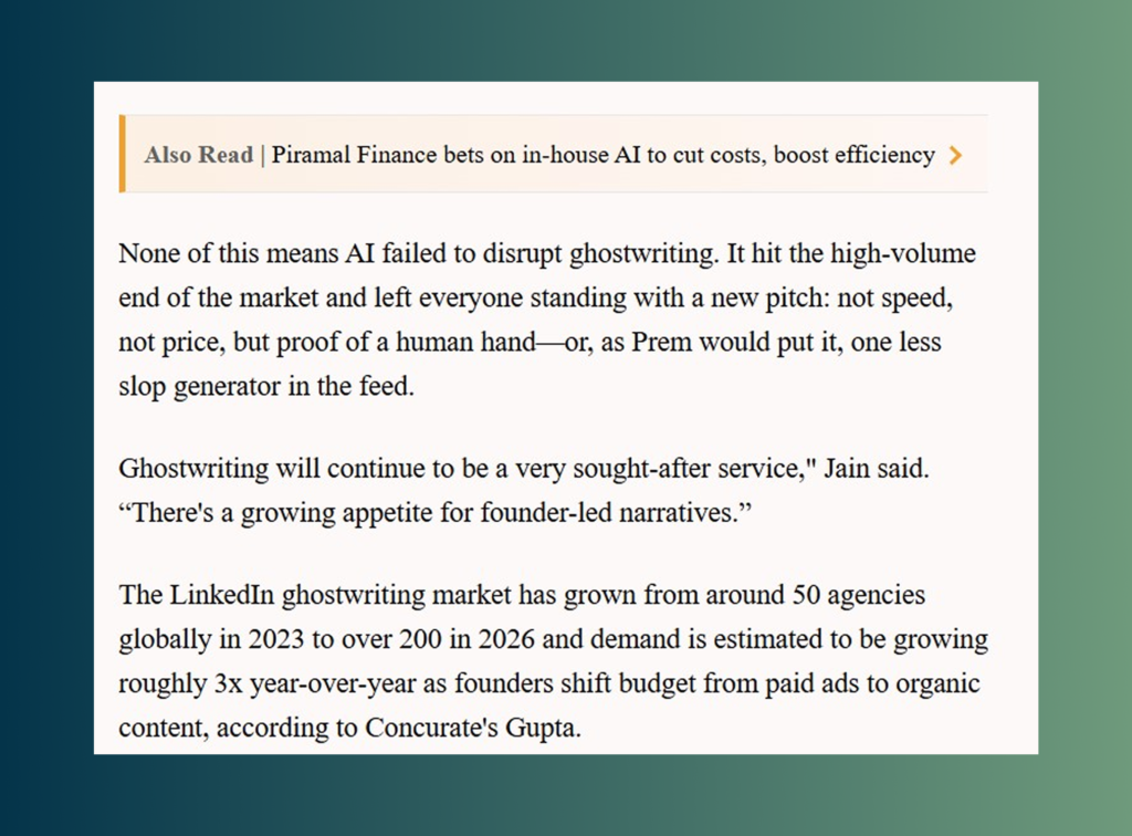 LiveMint excerpt on growing demand for founder-led narratives in ghostwriting