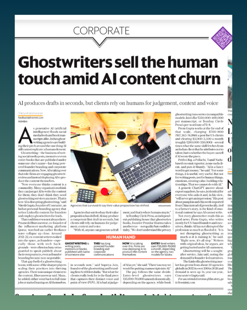 LiveMint article on AI content churn and ghostwriters selling the human touch